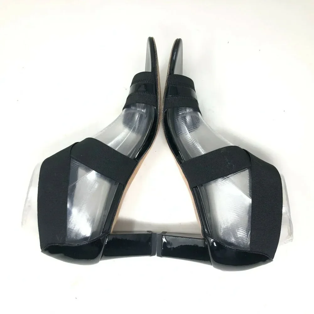 Stuart Weitzman‎ Strappy Sandal Womens 8.5 Elastic Black Patent Chunky Heel